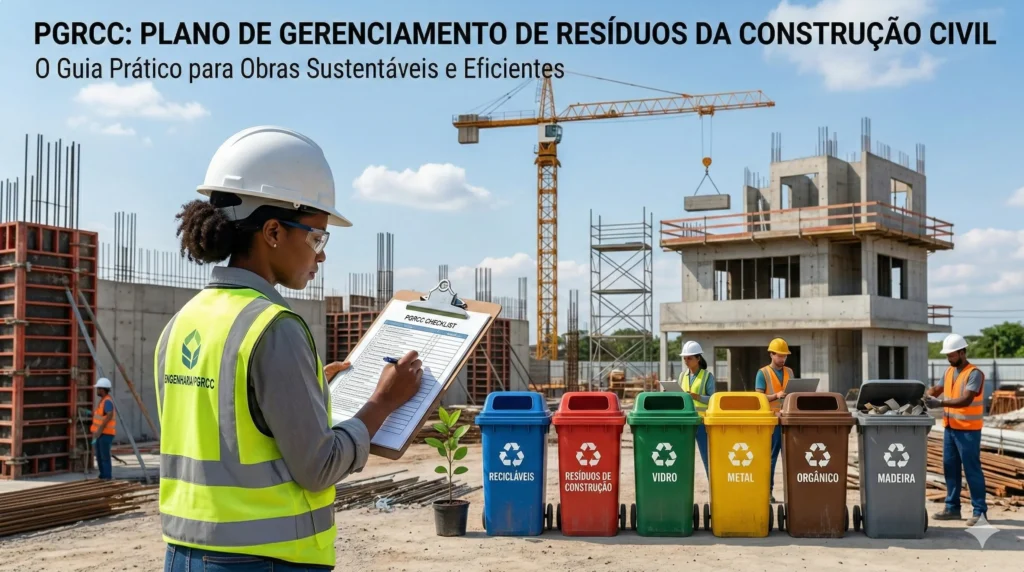 Um trabalhador da construção civil usando equipamento de segurança verifica uma prancheta perto de lixeiras de reciclagem rotuladas em um canteiro de obras, demonstrando práticas de consultoria ambiental; uma estrutura parcialmente construída e guindastes são visíveis ao fundo.