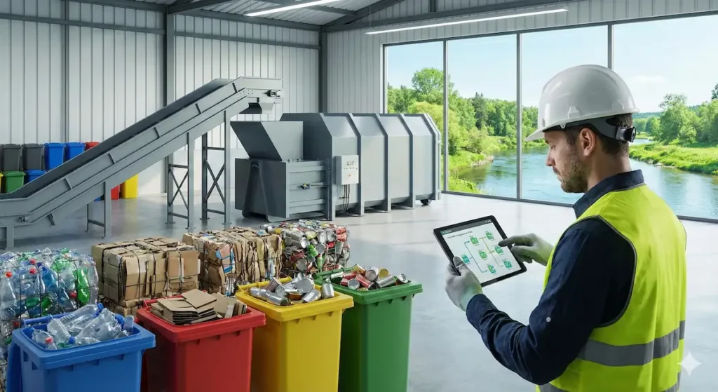 Um trabalhador com capacete e colete de segurança usa um tablet em uma instalação de reciclagem, consultando a consultoria ambiental perto de lixeiras de papel, plástico e latas, com recicláveis enfardados e máquinas visíveis por grandes janelas.